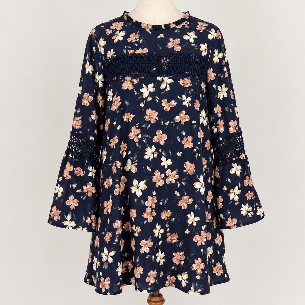 Navy‎ Floral Crochet Lace Bell Sleeve Mini Dress Cottagecore Boho Y2K Chic Small